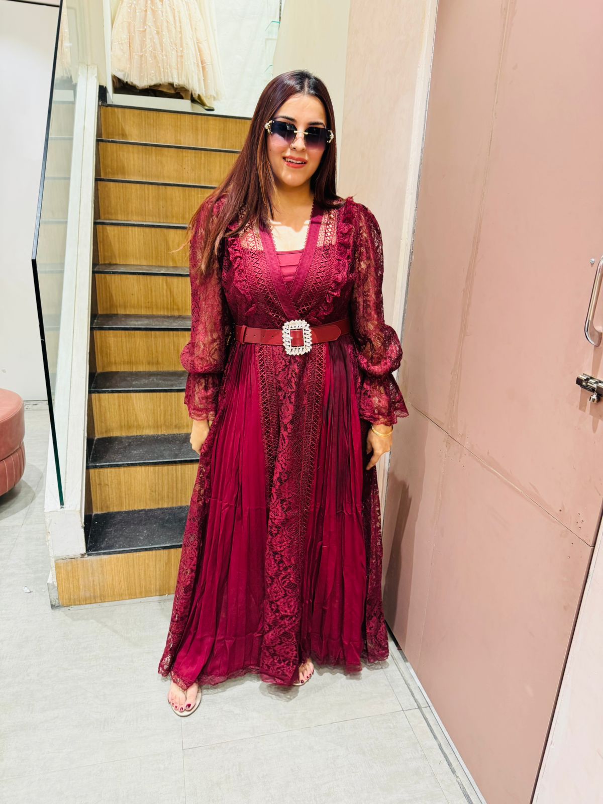 Janny Lace Pleated Maxi Dress with Belt