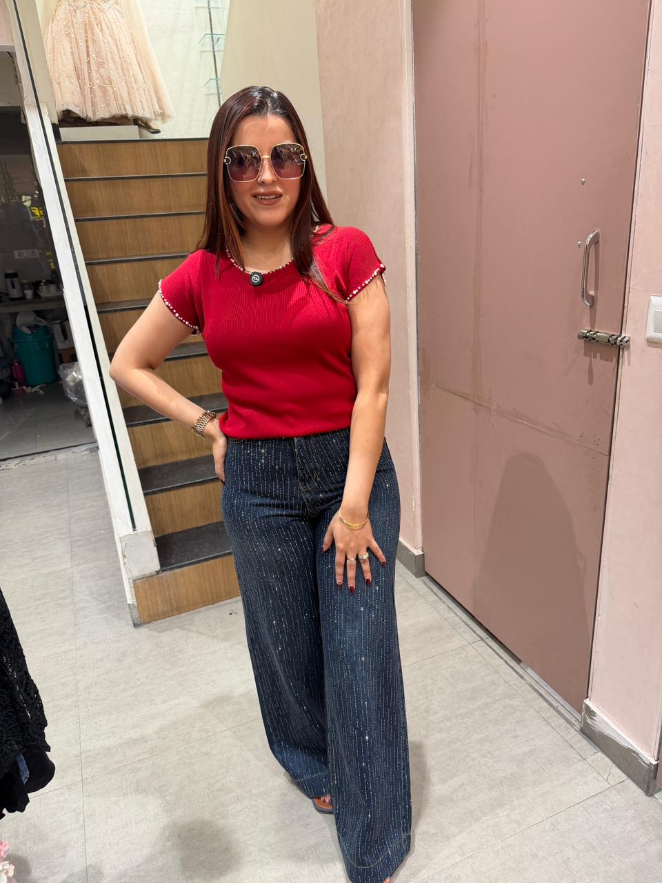 Nina Top & Denim Glam Pants Combo