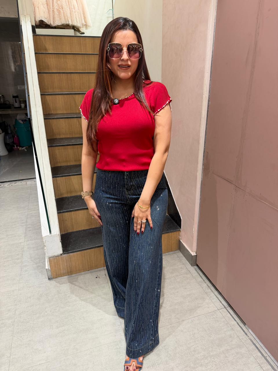 Nina Top & Denim Glam Pants Combo