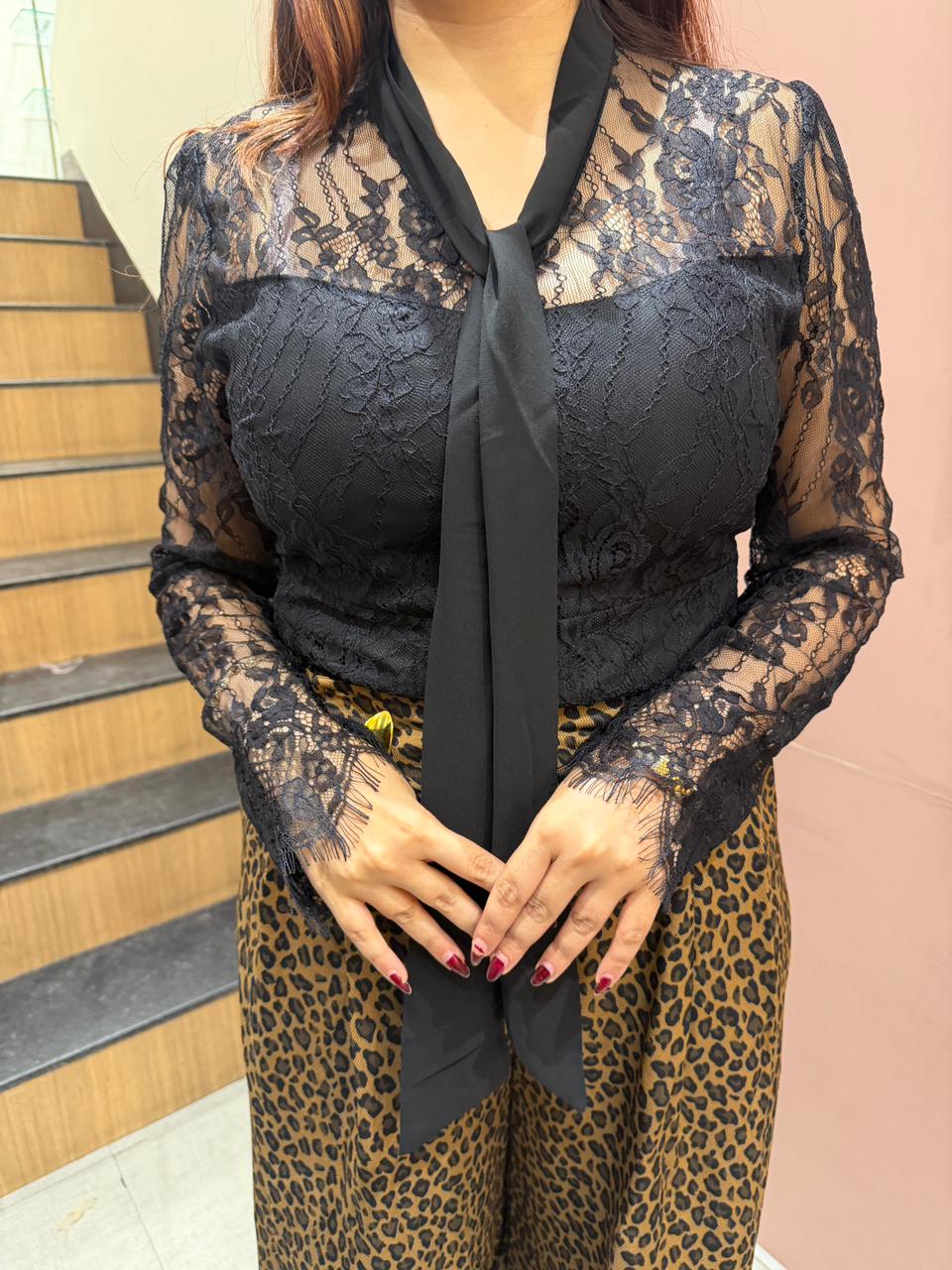 Lace Tie-Up Top with Leopard Print Wide-Leg Pants