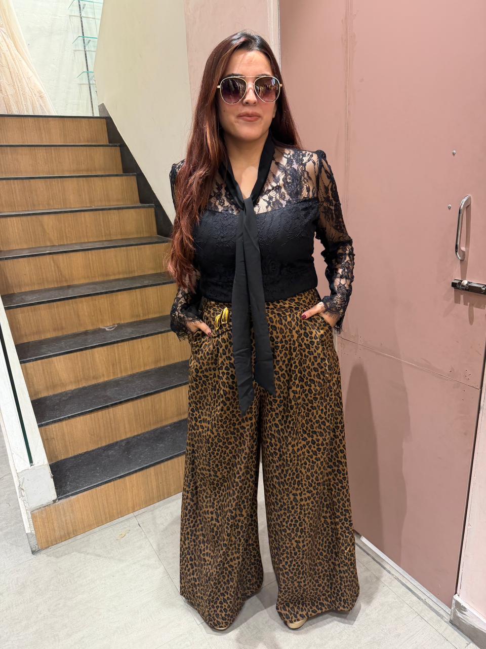 Lace Tie-Up Top with Leopard Print Wide-Leg Pants