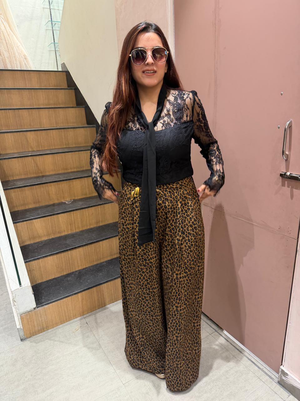 Lace Tie-Up Top with Leopard Print Wide-Leg Pants