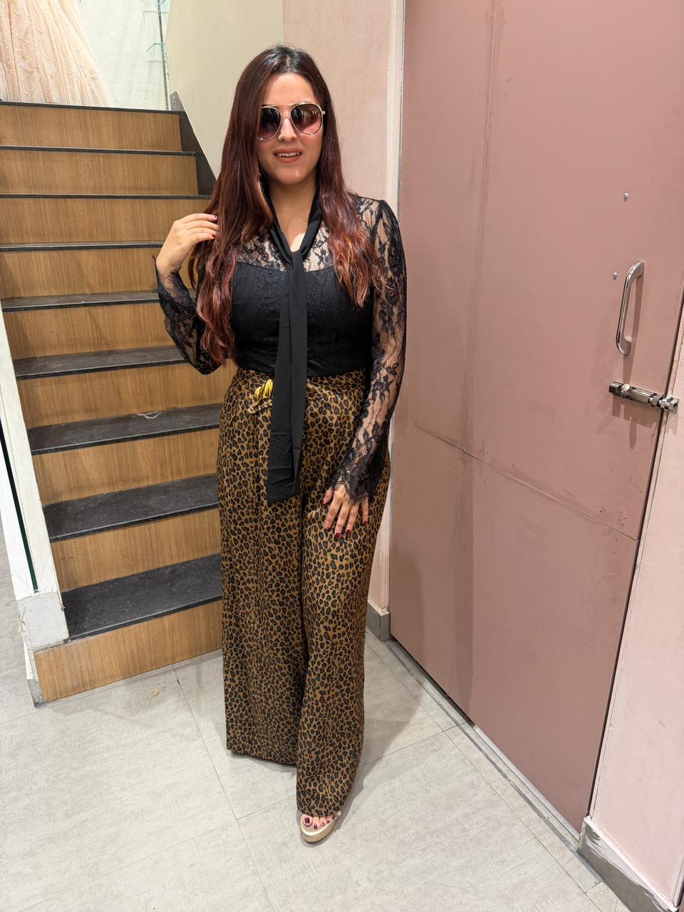 Lace Tie-Up Top with Leopard Print Wide-Leg Pants