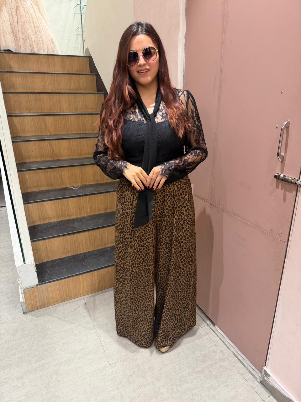 Lace Tie-Up Top with Leopard Print Wide-Leg Pants