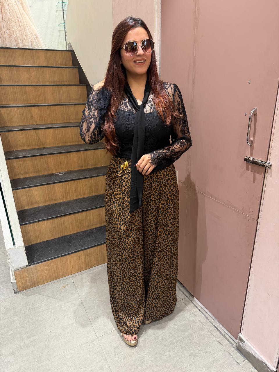 Lace Tie-Up Top with Leopard Print Wide-Leg Pants