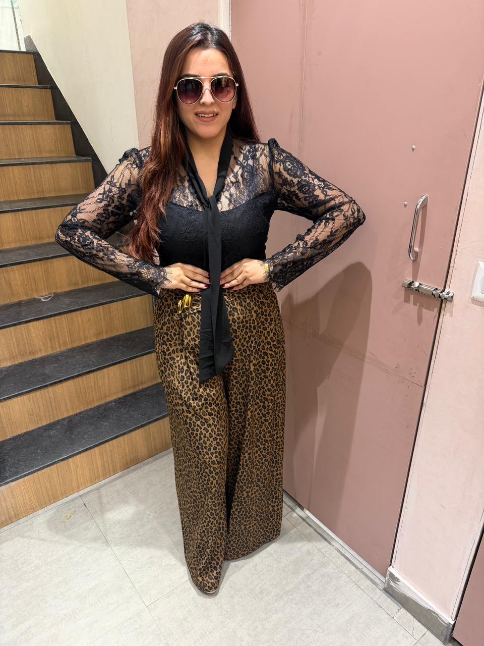 Lace Tie-Up Top with Leopard Print Wide-Leg Pants