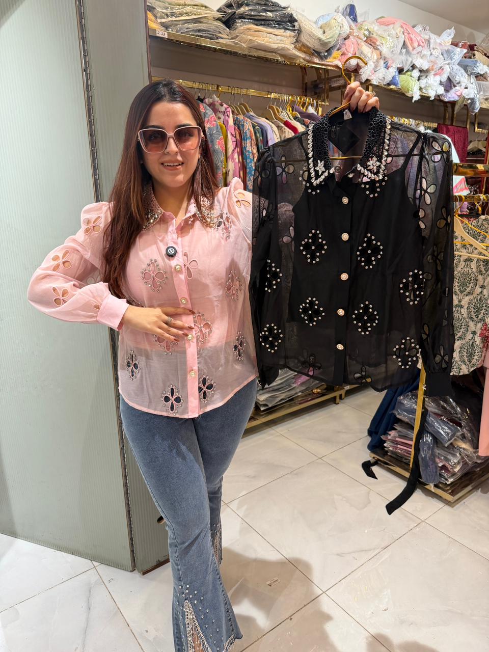 Shina Embellished Shirt with Designer Denim Combo