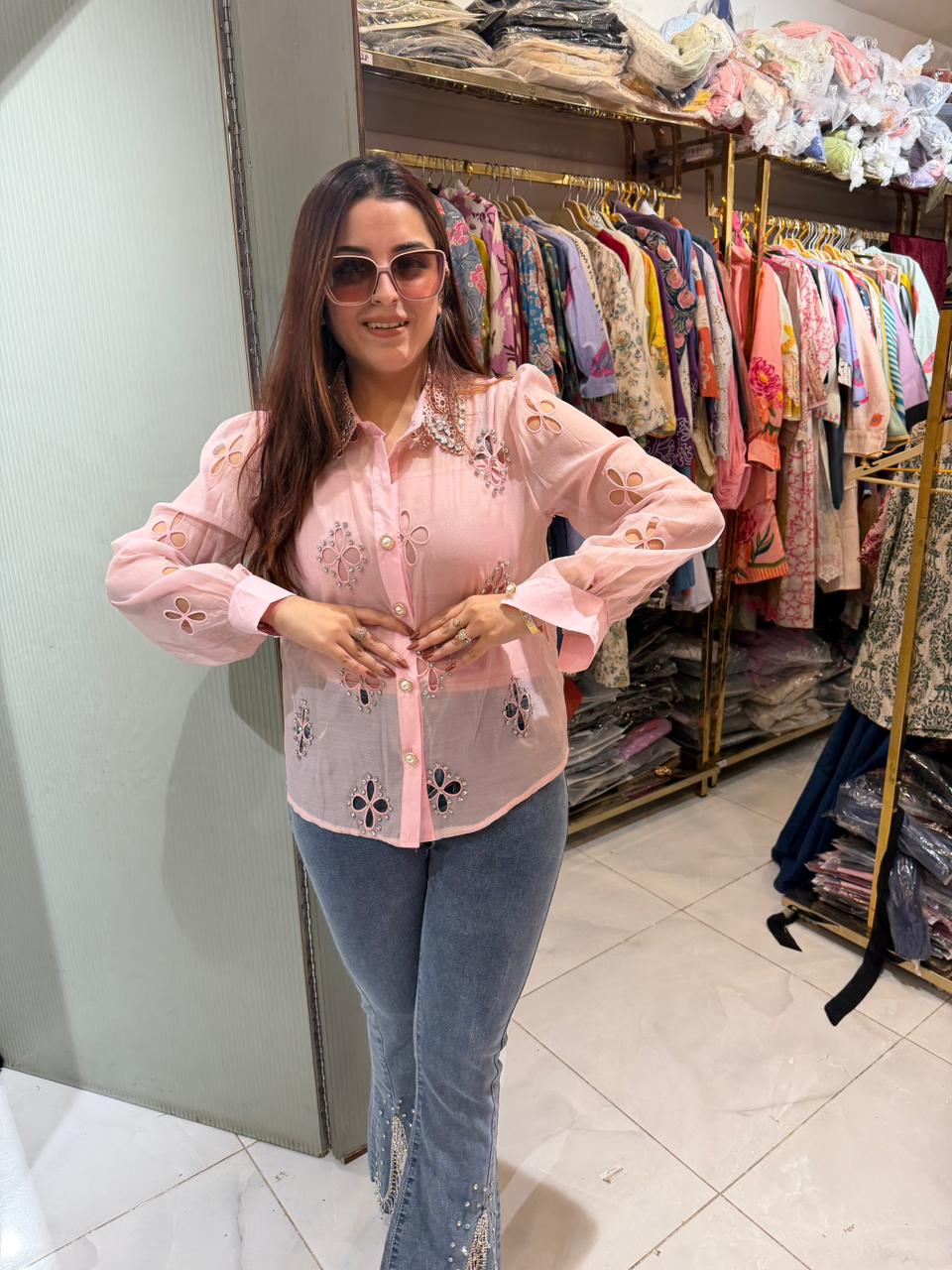 Shina Embellished Shirt with Designer Denim Combo