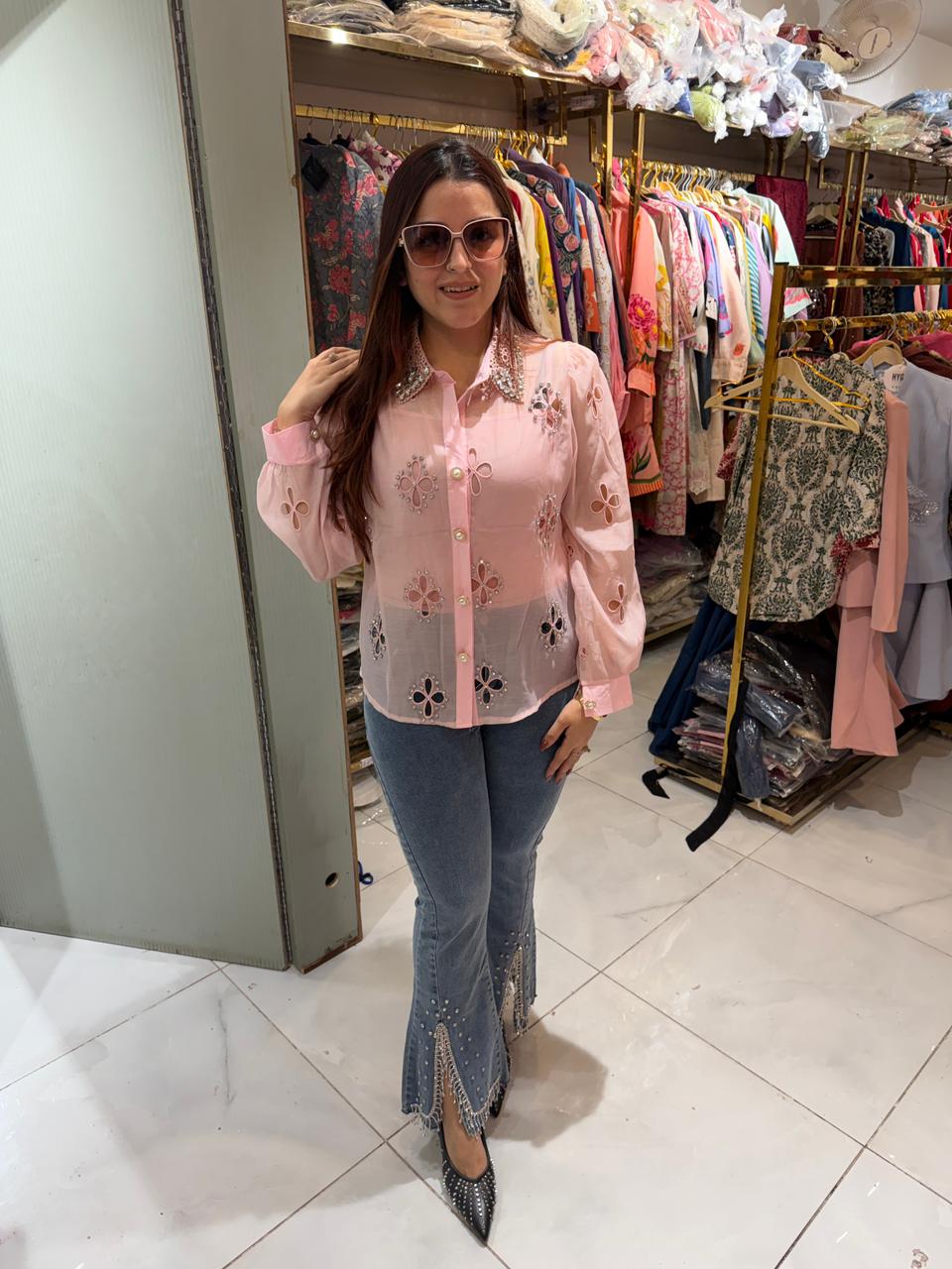 Shina Embellished Shirt with Designer Denim Combo