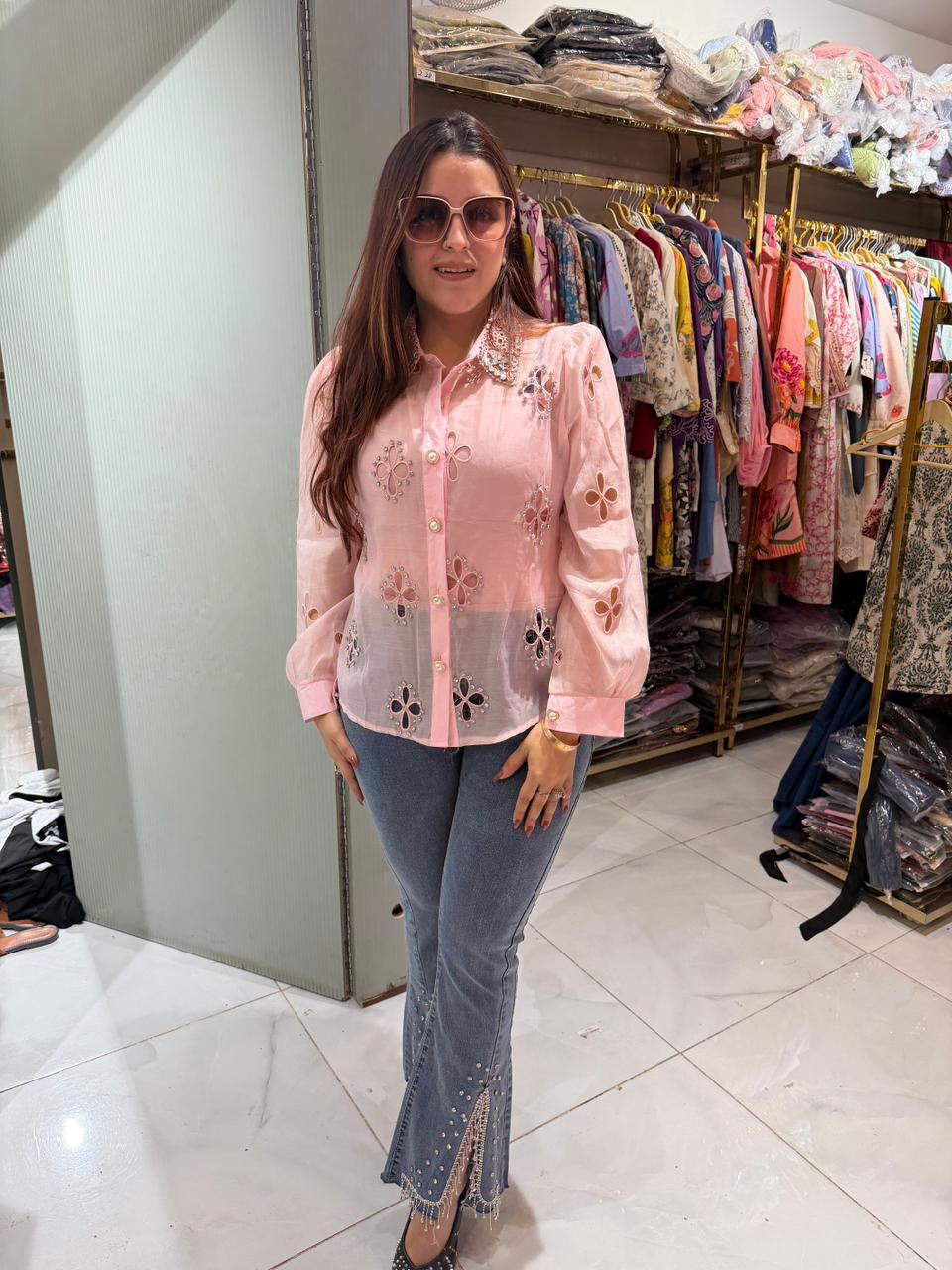 Shina Embellished Shirt with Designer Denim Combo