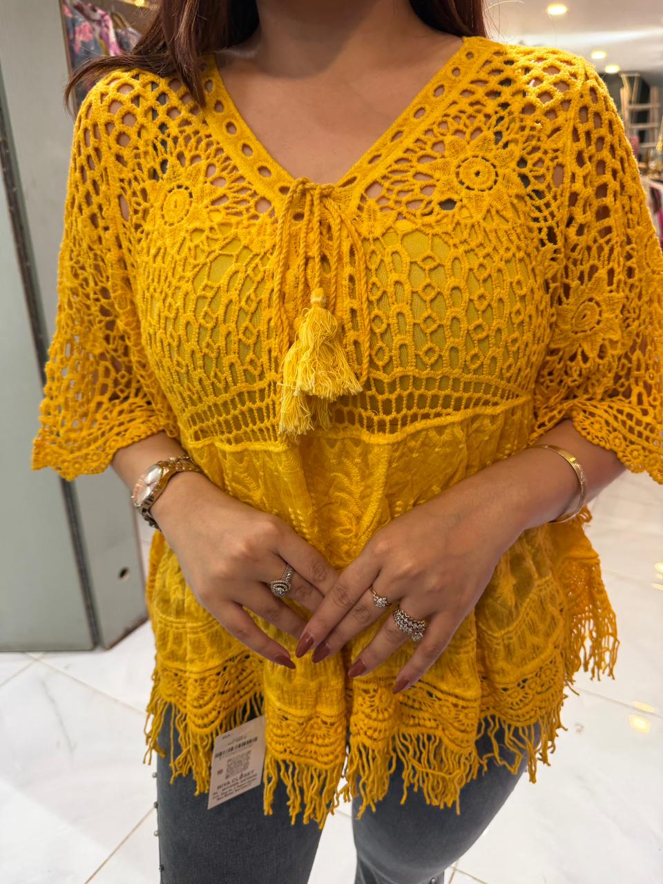 Boho Crochet Top with Designer Denim Combo