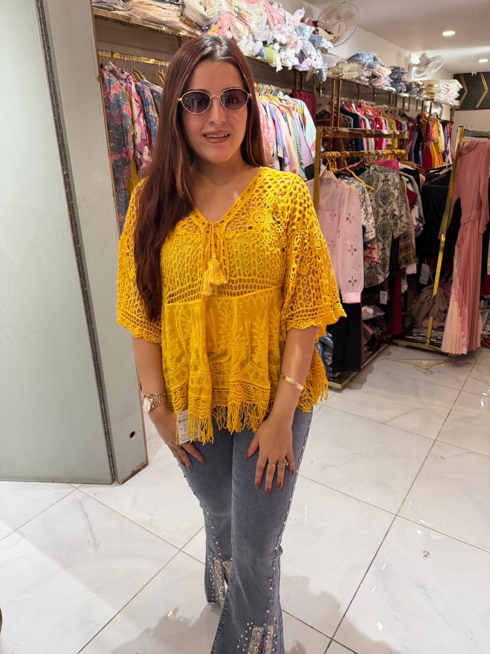 Boho Crochet Top with Designer Denim Combo