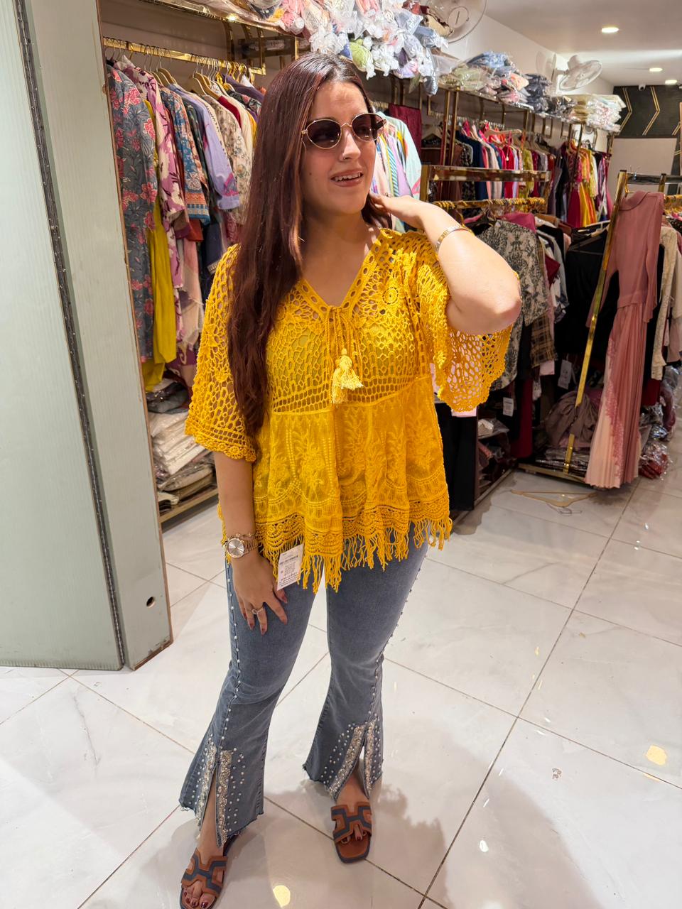 Boho Crochet Top with Designer Denim Combo