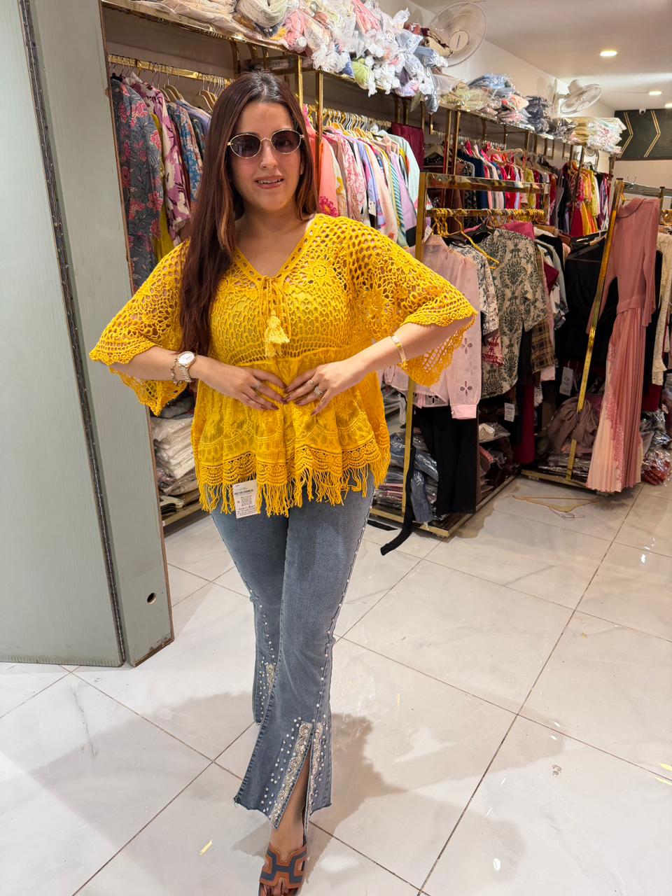 Boho Crochet Top with Designer Denim Combo