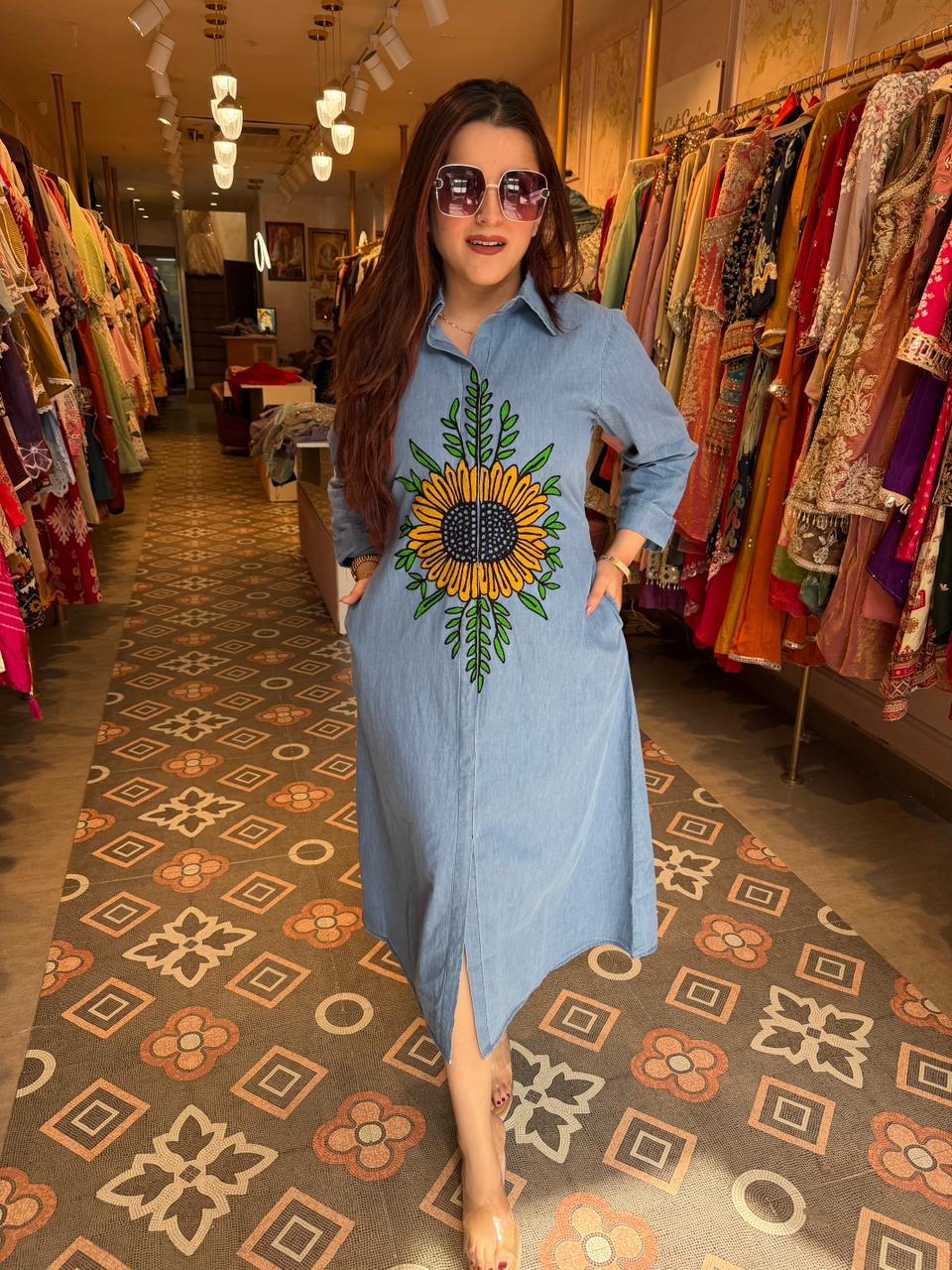 Sunflower Denim Dress – Riya Closet India
