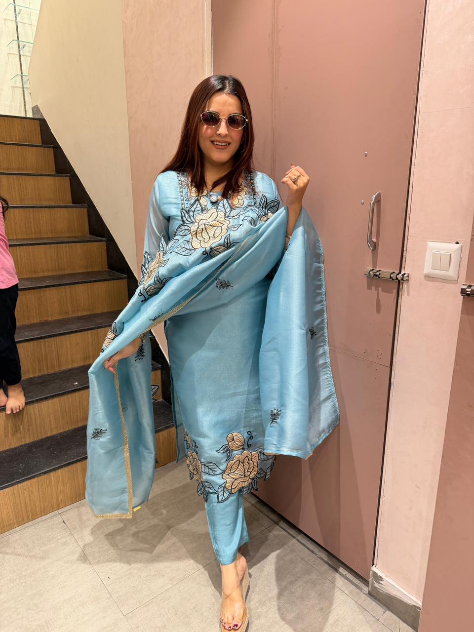 Sky Floral Embroidered Kurta Set