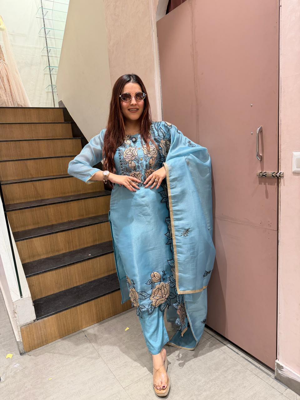 Sky Floral Embroidered Kurta Set