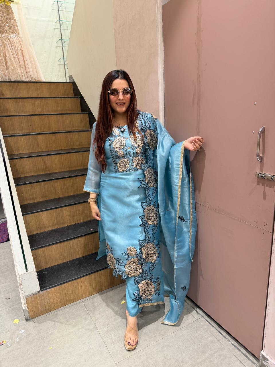 Sky Floral Embroidered Kurta Set