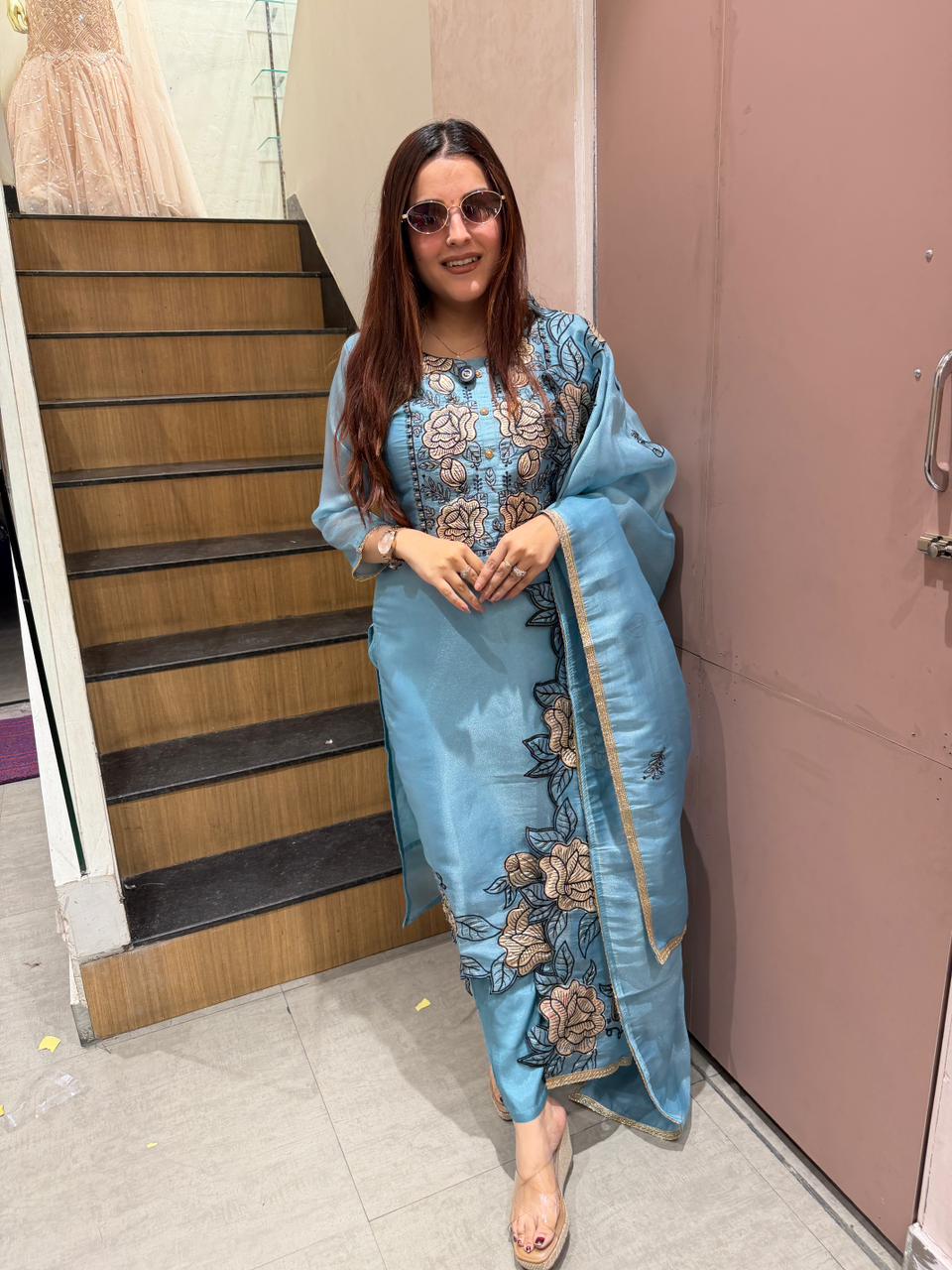 Sky Floral Embroidered Kurta Set