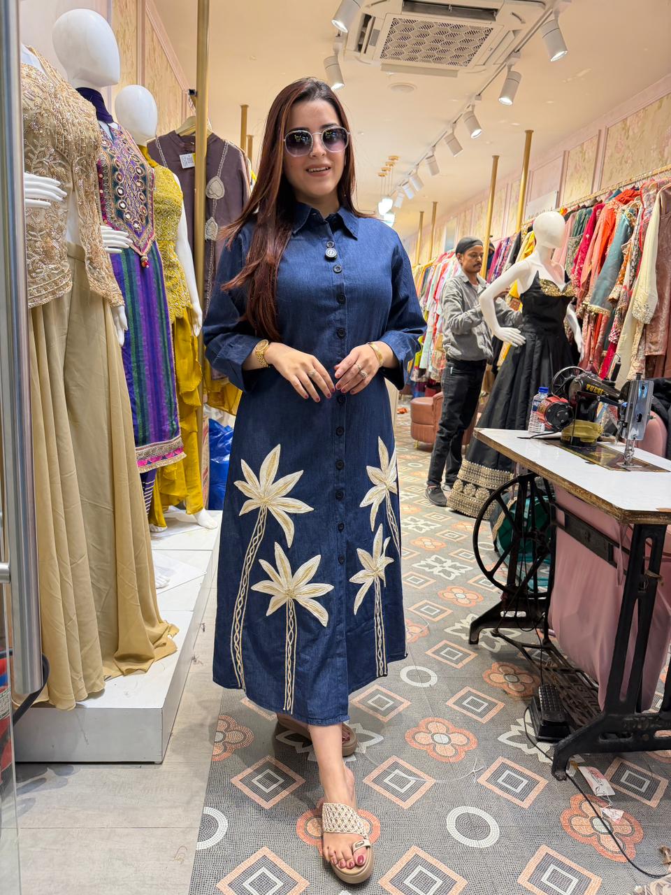 Palm Embroidered Denim Dress