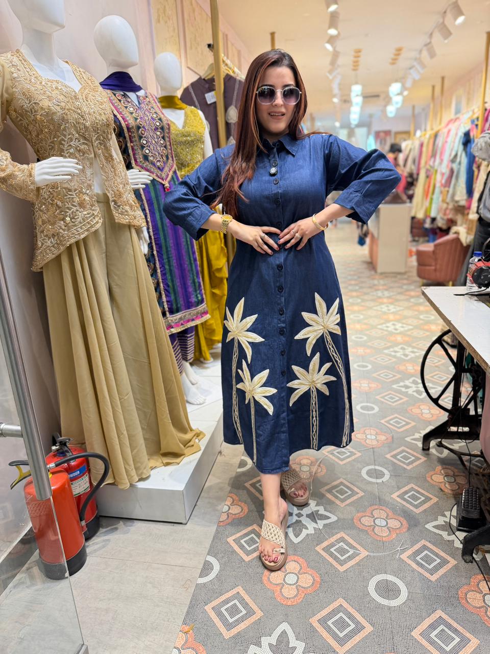 Palm Embroidered Denim Dress