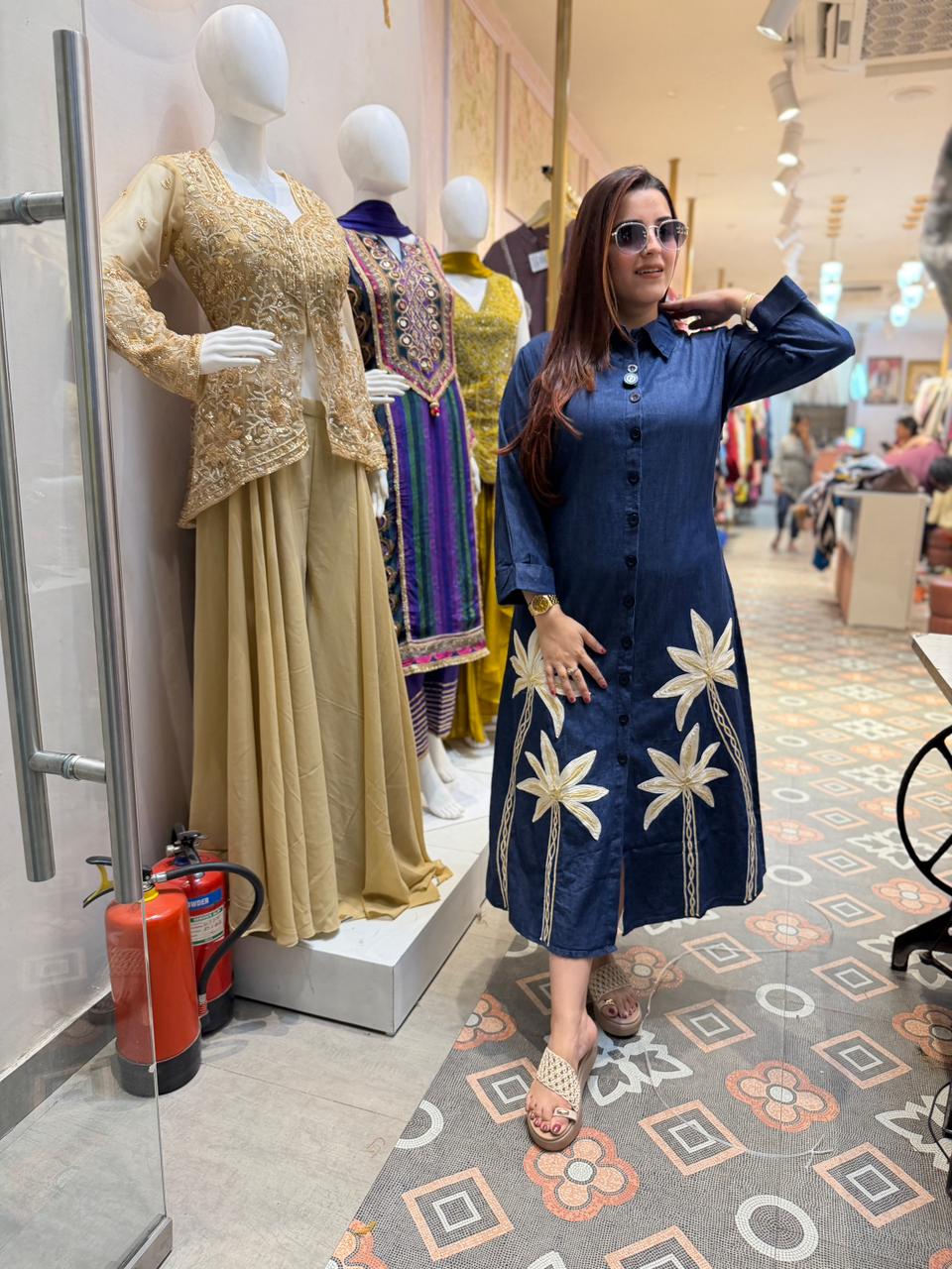 Palm Embroidered Denim Dress