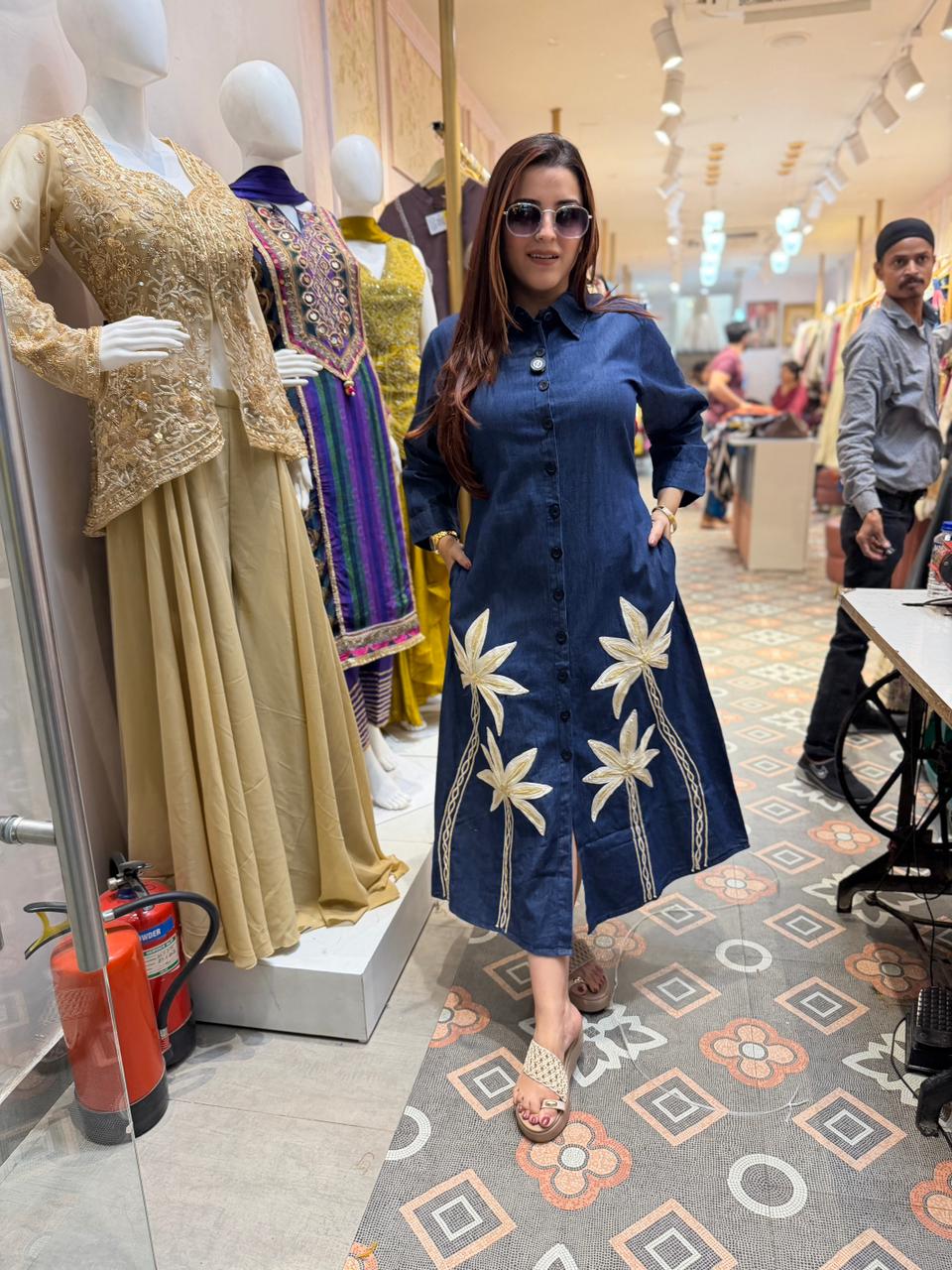 Palm Embroidered Denim Dress