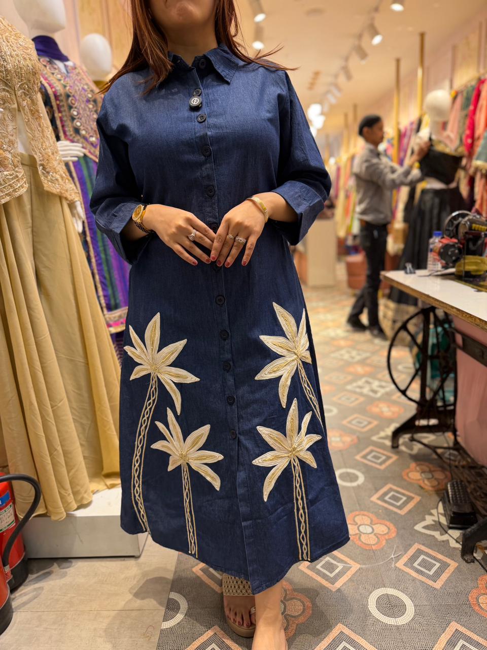 Palm Embroidered Denim Dress