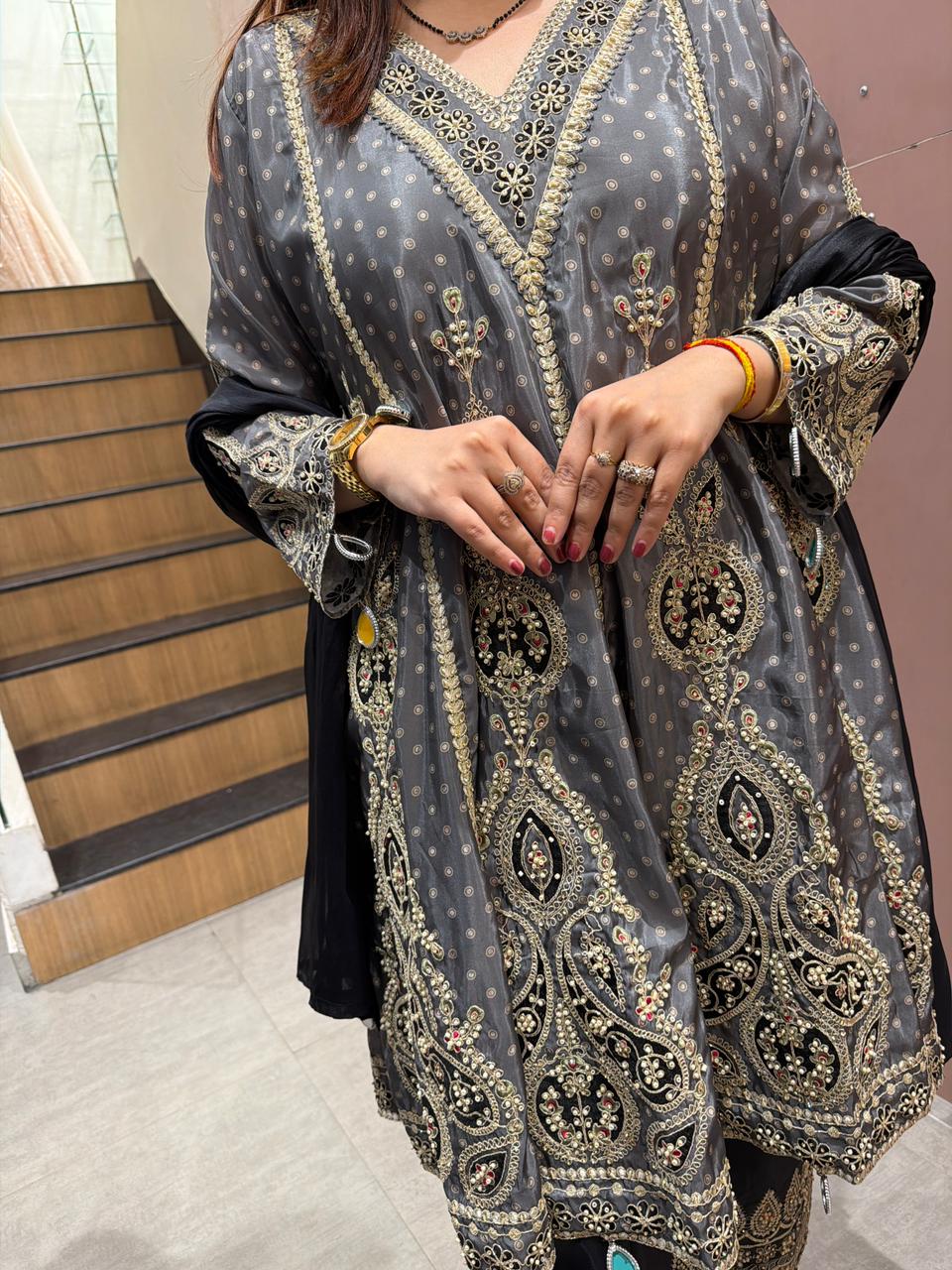 Charcoal  Heavy Embroidered Kurta Set