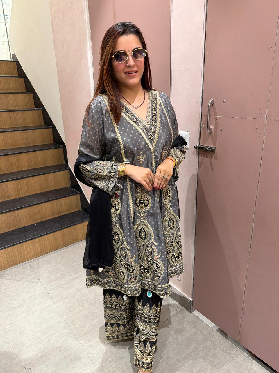 Charcoal  Heavy Embroidered Kurta Set