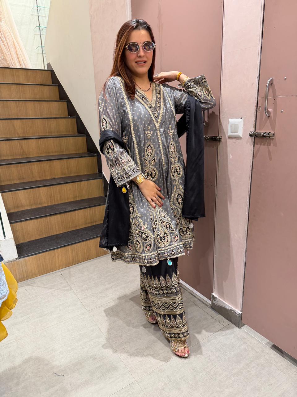 Charcoal  Heavy Embroidered Kurta Set