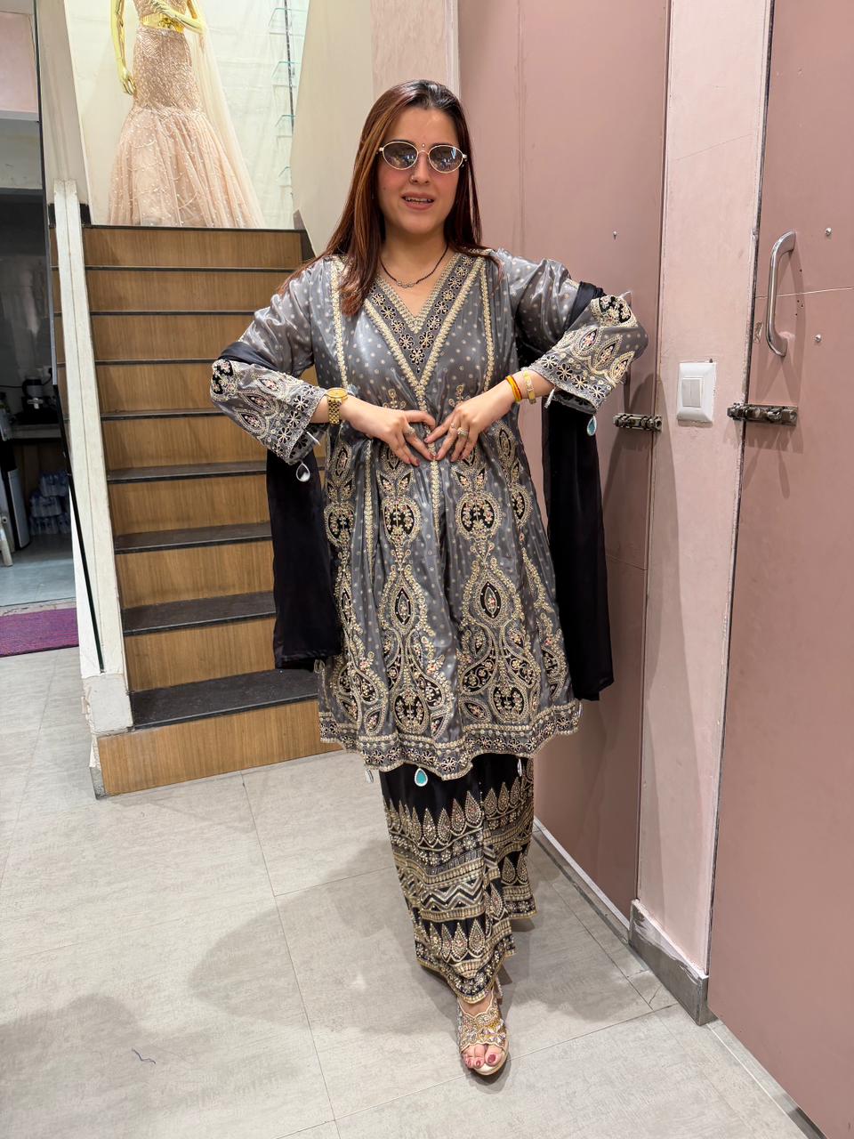 Charcoal  Heavy Embroidered Kurta Set