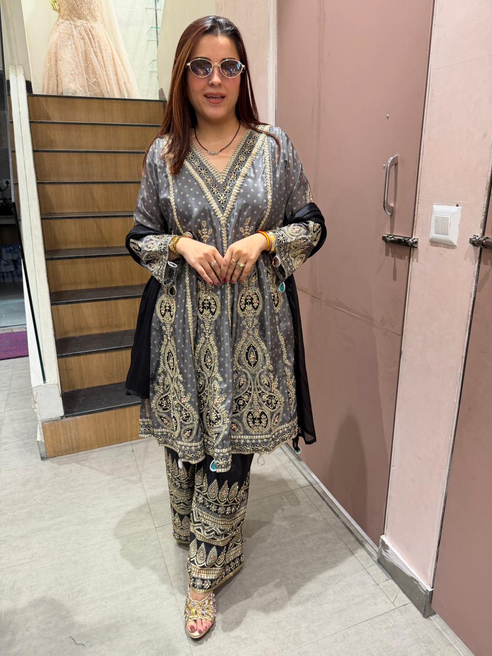 Charcoal  Heavy Embroidered Kurta Set