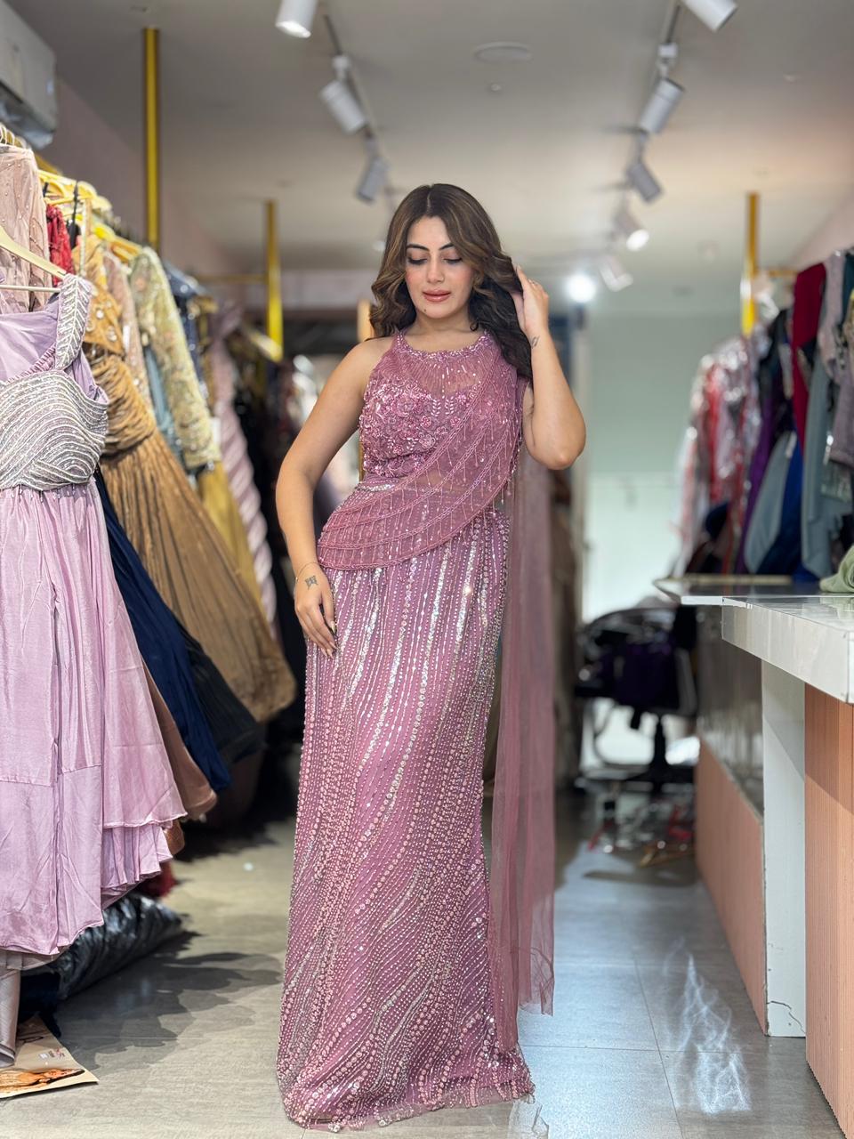 Rose Sequin Draped Skirt set