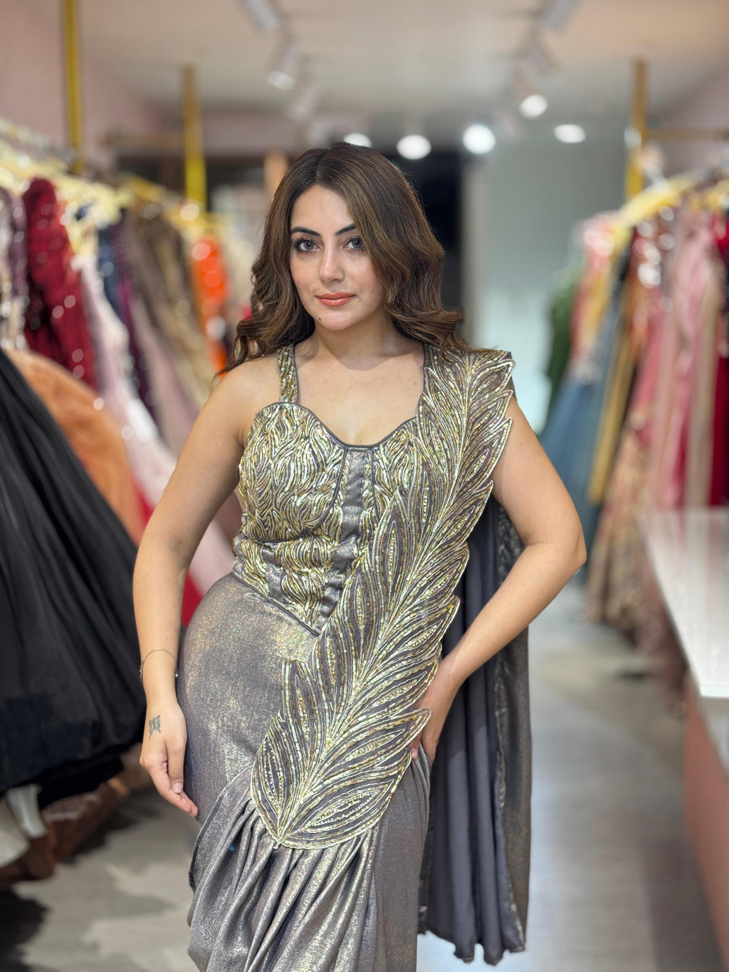 Steel Glam Feather Drape Saree