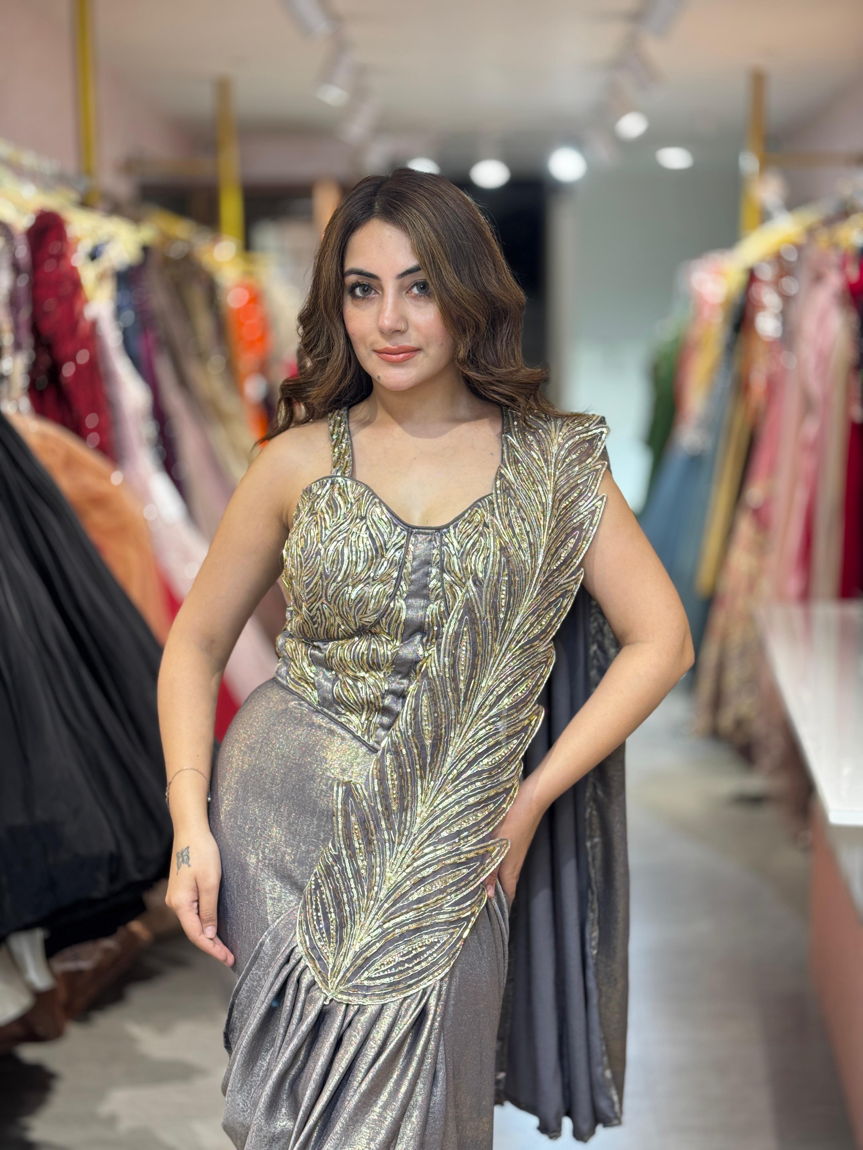 Steel Glam Feather Drape Saree