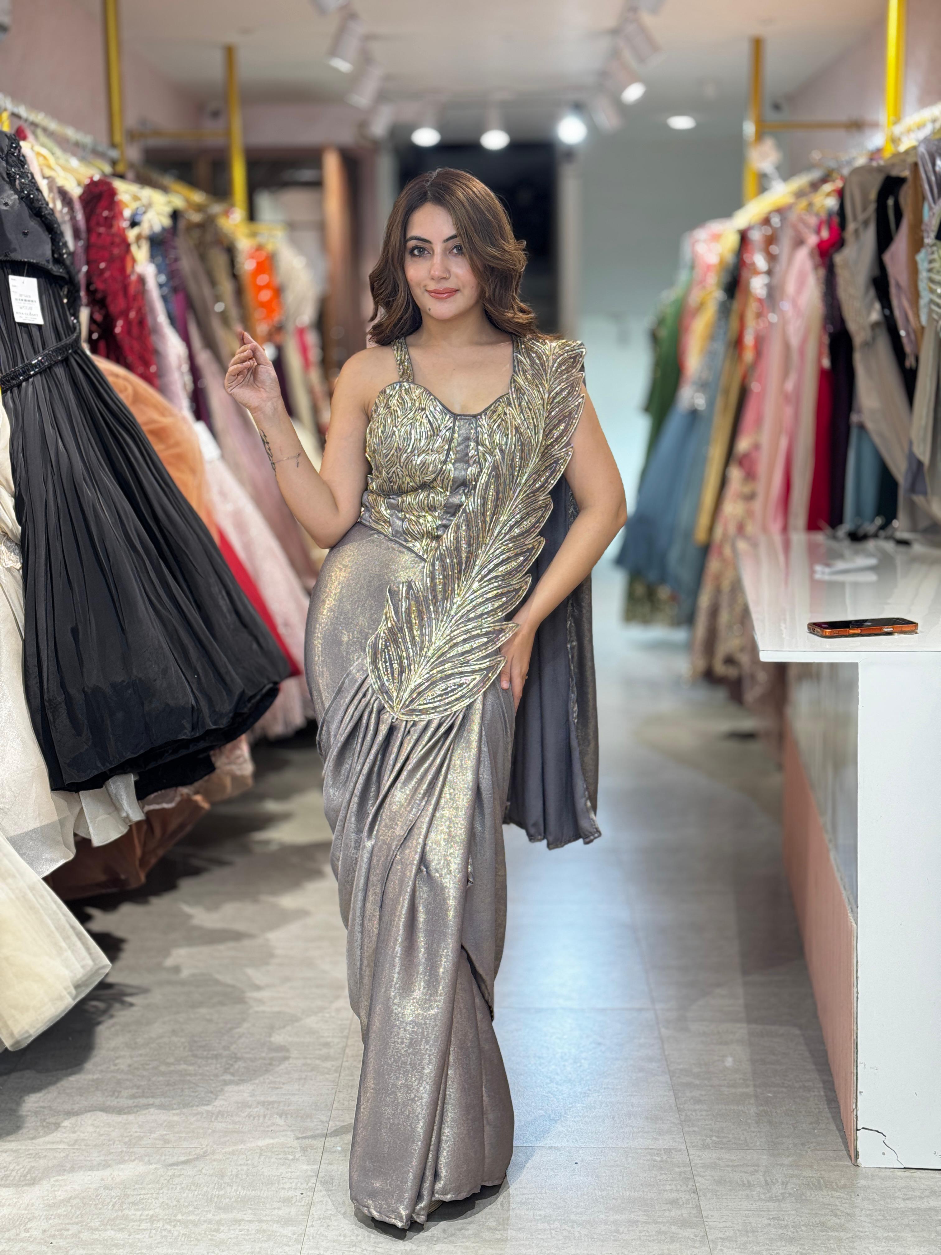Steel Glam Feather Drape Saree