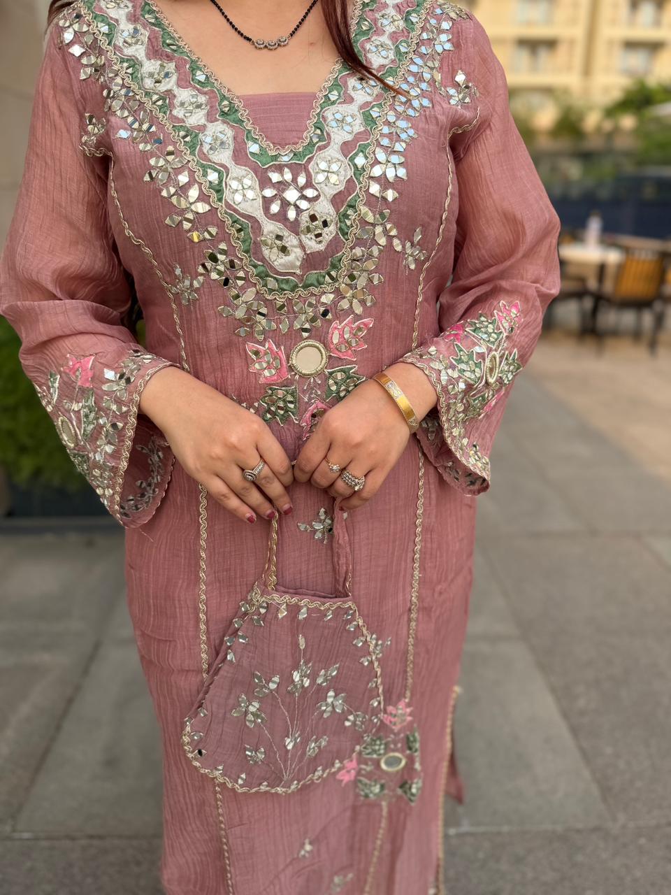 Fiza Mirror Work Kurta Set with Potli