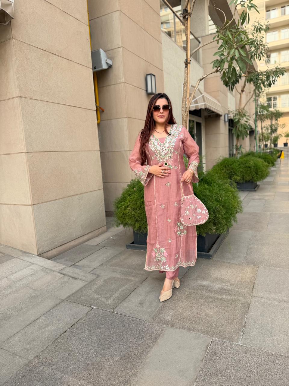Fiza Mirror Work Kurta Set with Potli