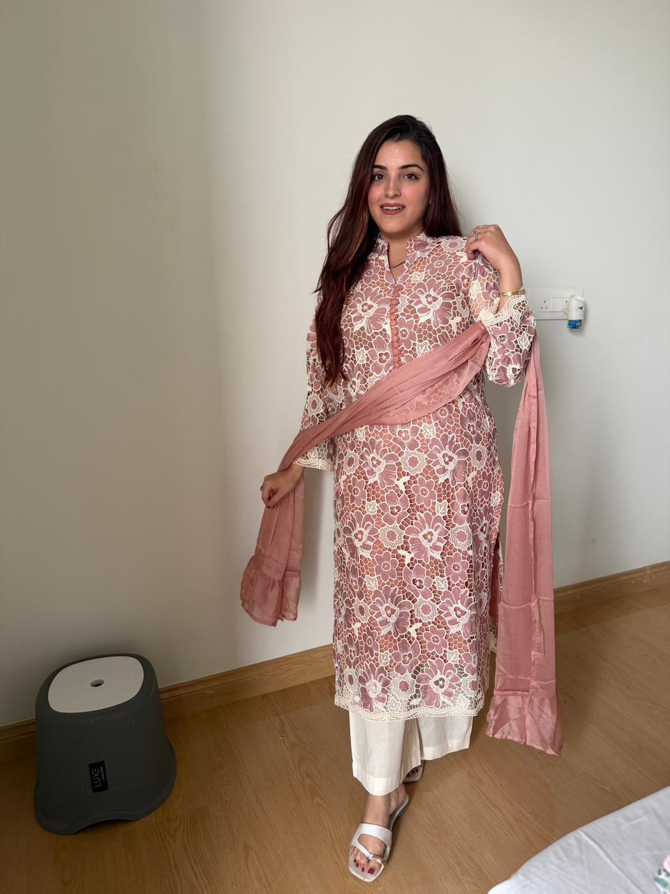 Saffron Lace Elegance Kurta Set