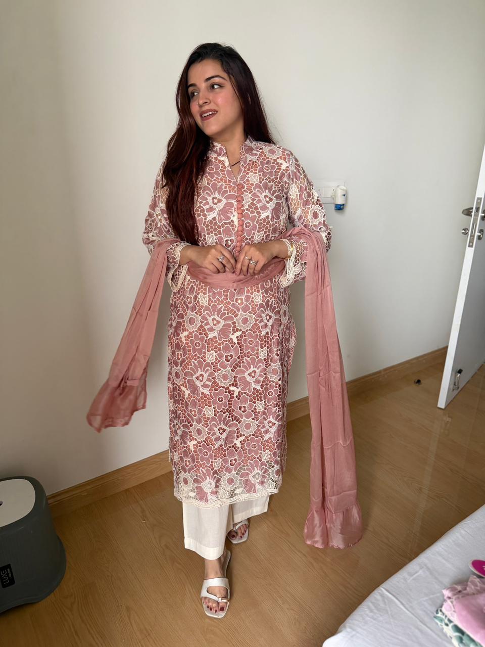 Saffron Lace Elegance Kurta Set