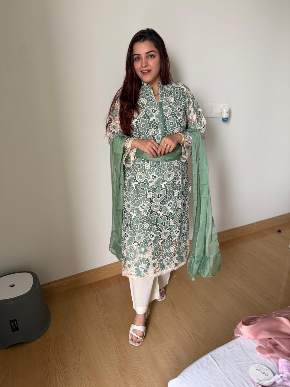 Saffron Lace Elegance Kurta Set