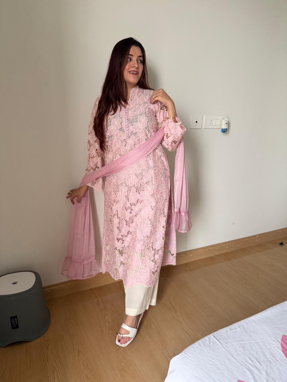 Saffron Lace Elegance Kurta Set