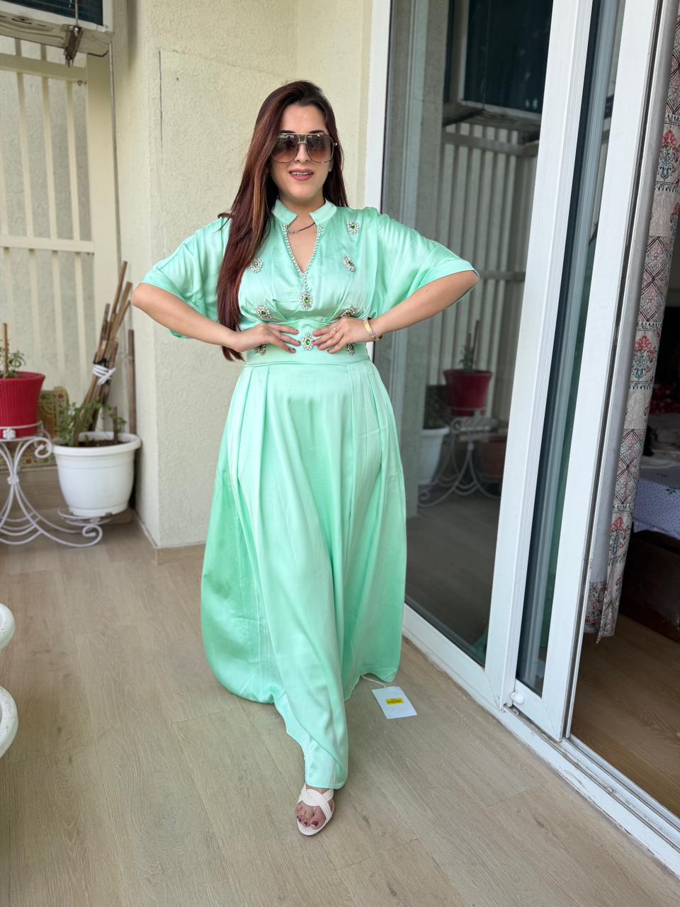 Emerald Charm Satin Maxi Dress