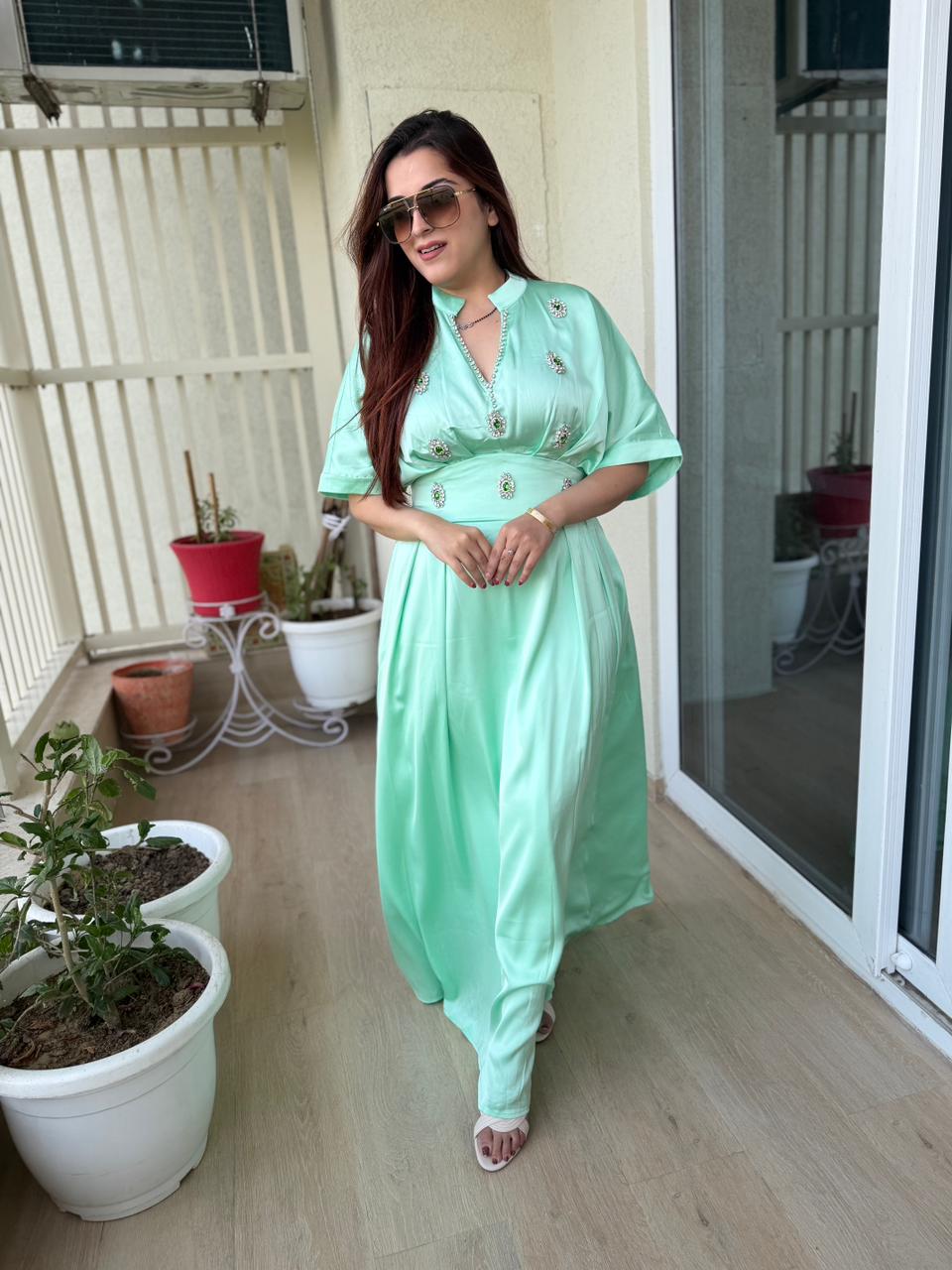 Emerald Charm Satin Maxi Dress