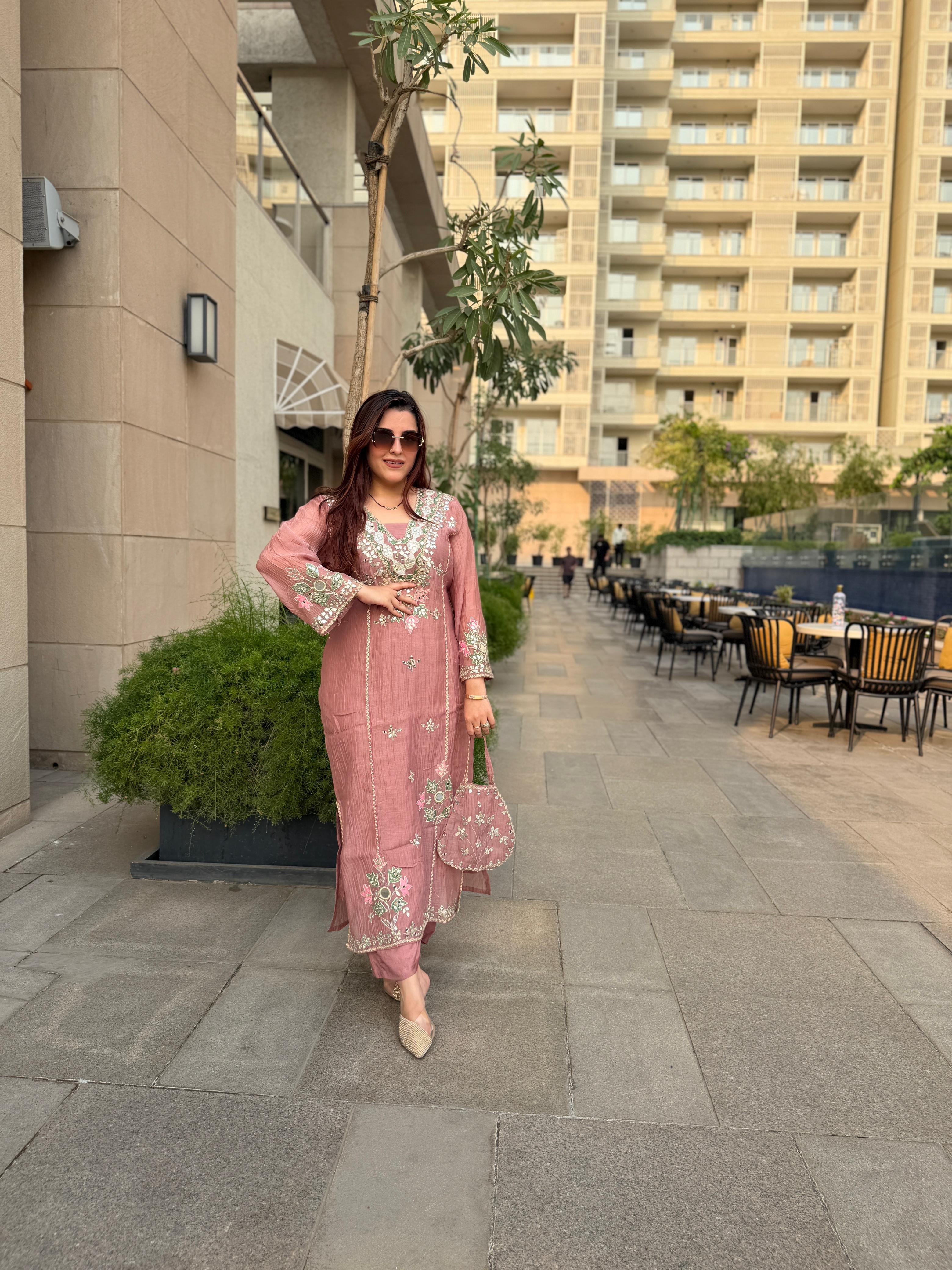 Fiza Mirror Work Kurta Set with Potli
