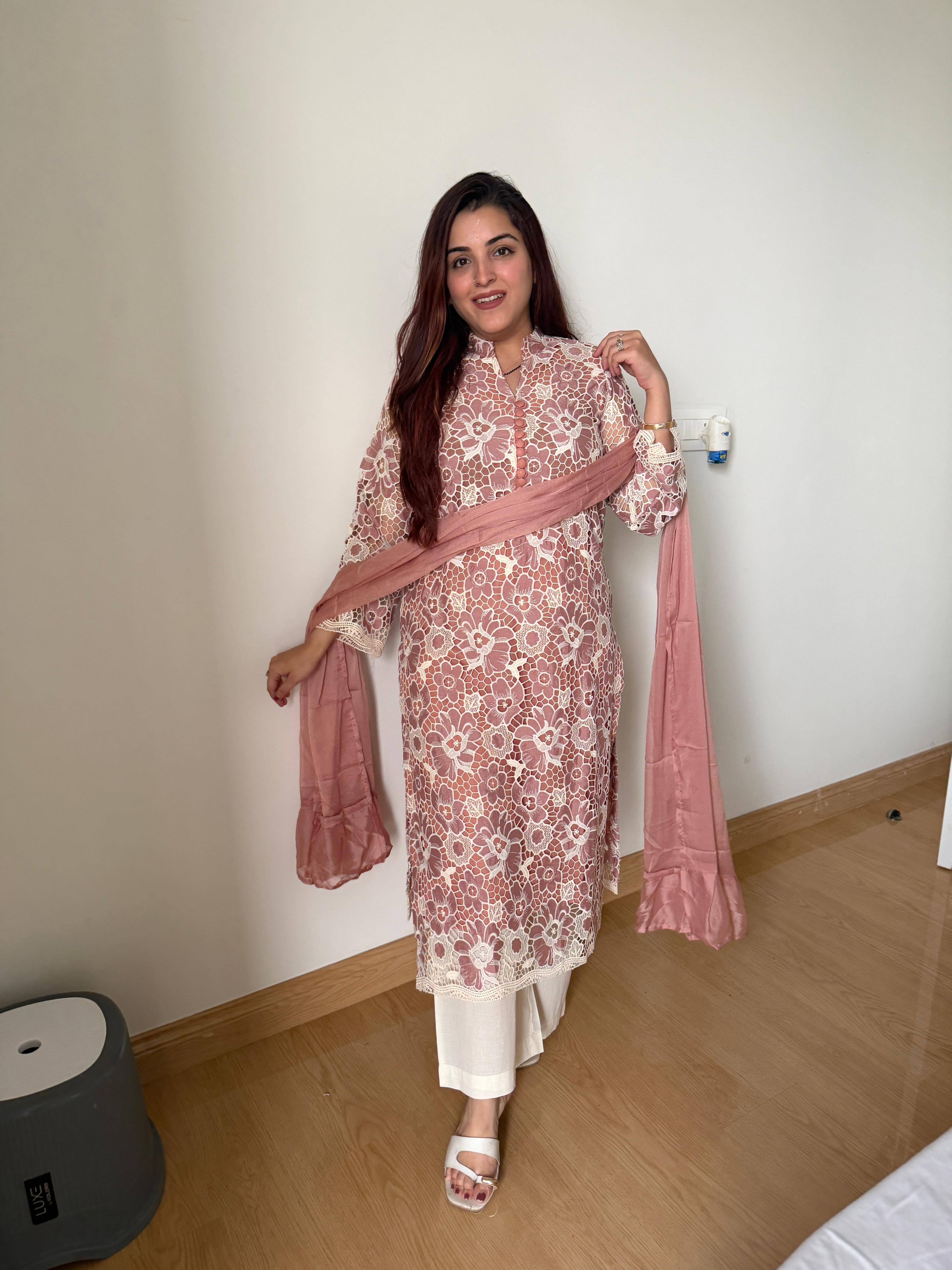 Saffron Lace Elegance Kurta Set