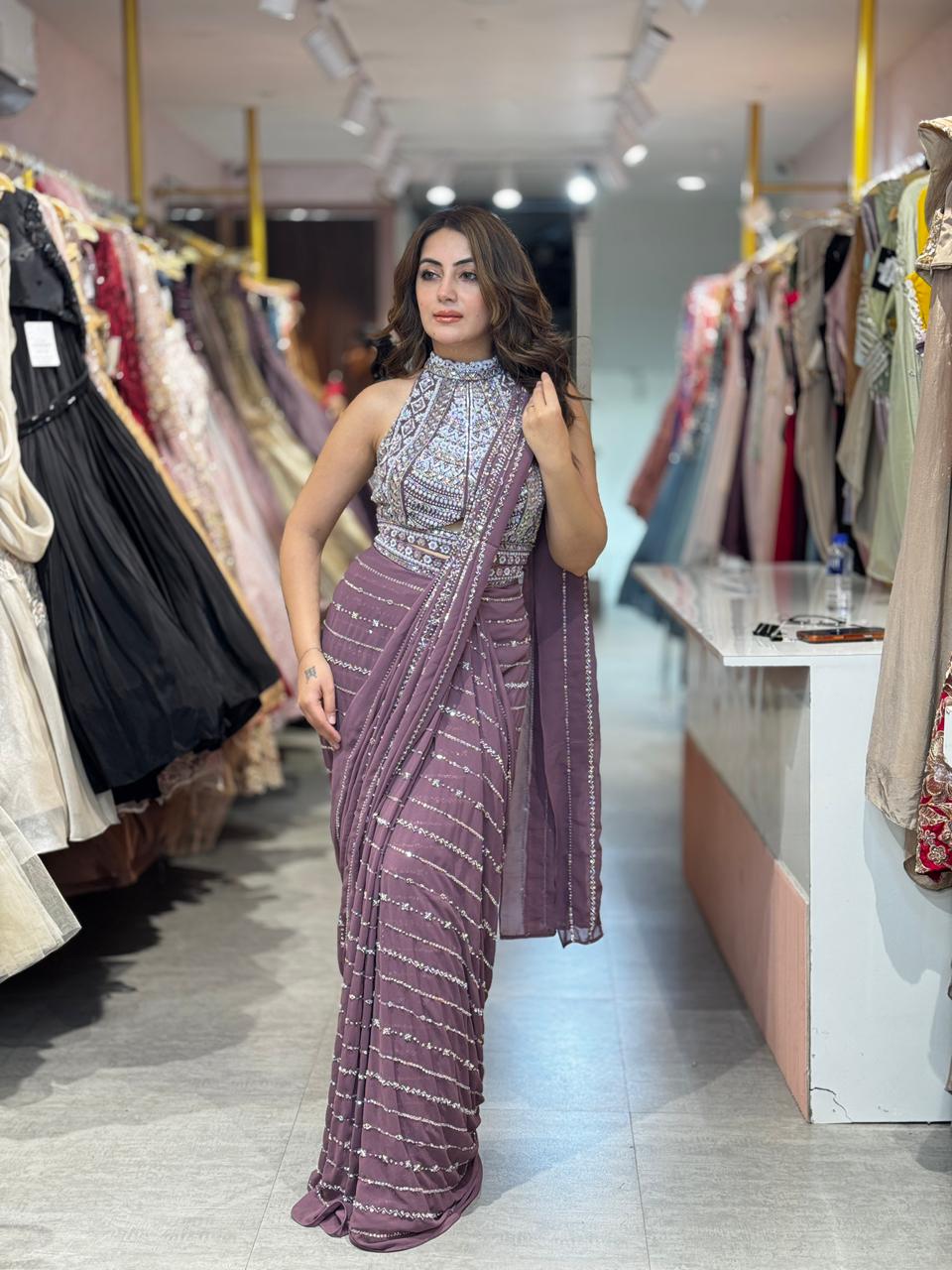 Poppy Mirage Sequin Saree Set