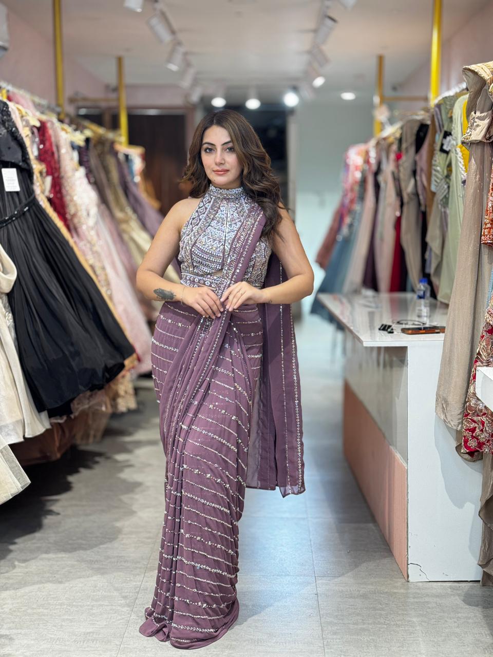 Poppy Mirage Sequin Saree Set