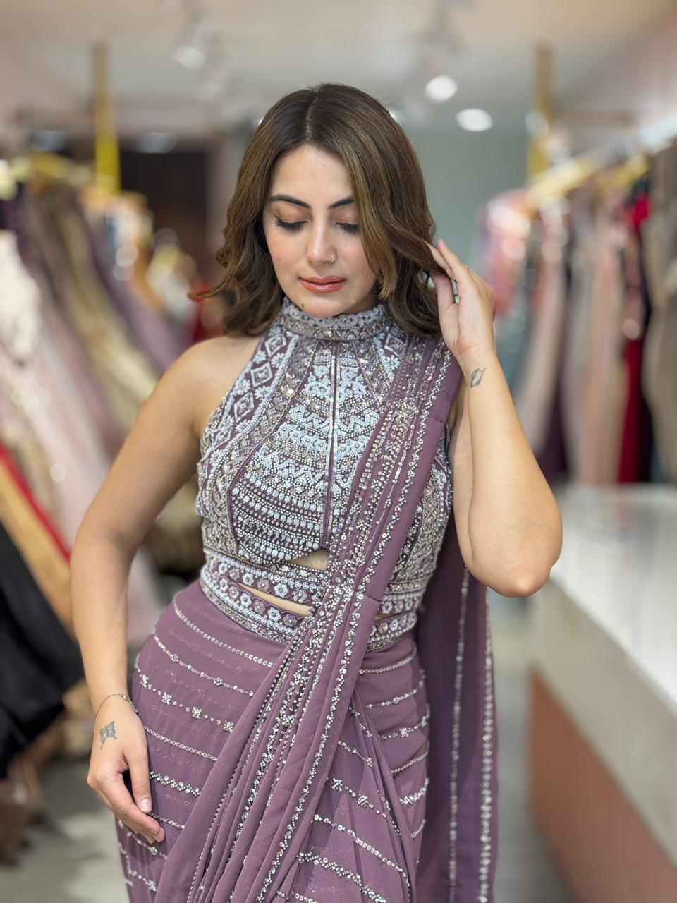 Poppy Mirage Sequin Saree Set